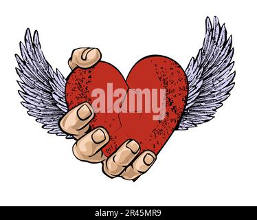 T-shirt design of a large hand holding a winged heart isolated on white. Vector illustration for Valentine's day Stock Vector