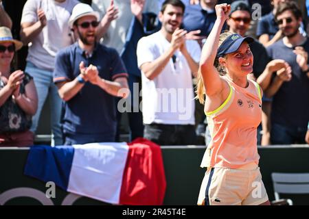 Paris, France. 26th May, 2023. FIONA FERRO of France celebrates his victory during the fifth qualifying day of Roland-Garros 2023, French Open 2023, Grand Slam tennis tournament at the Roland-Garros Stadium. (Credit Image: © Matthieu Mirville/ZUMA Press Wire) EDITORIAL USAGE ONLY! Not for Commercial USAGE! Stock Photo