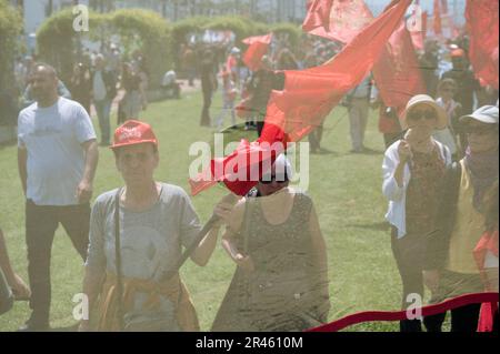 Izmir, Turkey. 1st May, 2023. People seen holding flags during the celebration. Members of the Unions, civil associations, supporters of the opposition parties and the pro-Kurdish parties HPD and Yesil Sol Party, gathered at Gundogdu Square in Izmir to celebrate the International Workers' Day on May 1st, and the country is set to vote on May 14th, people attending the gathering were also expressing their political support for the opposition parties. (Credit Image: © Valeria Ferraro/SOPA Images via ZUMA Press Wire) EDITORIAL USAGE ONLY! Not for Commercial USAGE! Stock Photo