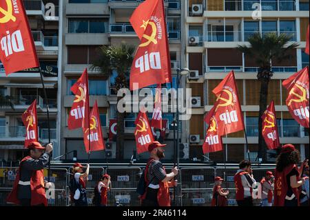 Izmir, Turkey. 1st May, 2023. Members of the Communist Party march on the street. Members of the Unions, civil associations, supporters of the opposition parties and the pro-Kurdish parties HPD and Yesil Sol Party, gathered at Gundogdu Square in Izmir to celebrate the International Workers' Day on May 1st, and the country is set to vote on May 14th, people attending the gathering were also expressing their political support for the opposition parties. (Credit Image: © Valeria Ferraro/SOPA Images via ZUMA Press Wire) EDITORIAL USAGE ONLY! Not for Commercial USAGE! Stock Photo