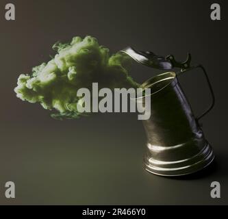 A concept of an animated vintage drinking tankard appearing to burp out a green cloud of vapor on an isolated background - 3D render Stock Photo