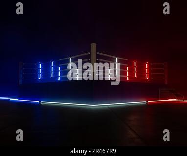 A futurist cyberpunk concept of a boxing ring lit by illuminated red blue and white neon lights on a dark isolated background - 3D render Stock Photo