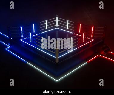 A futurist cyberpunk concept of a boxing ring lit by illuminated red blue and white neon lights on a dark isolated background - 3D render Stock Photo