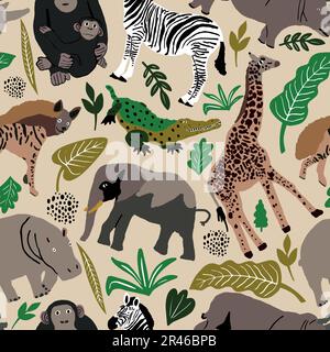 Seamless pattern illustration of cute wild safari African animals. Including giraffe, elephant, hyena, crocodile, hippo, rhinoceros zebrd cartoon Stock Vector
