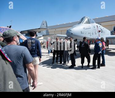 The A-10C Thunderbolt II Demonstration Team interact with air show attendees at Davis-Monthan Air Force Base, Arizona, March 25, 2023. The airshow was open to the public as a way to connect the base and local community while also highlighting the mission and capabilities of the U.S. Air Force. Stock Photo