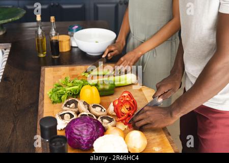 Hands of african american couple cutting vegetables, preparing meal together in kitchen Stock Photo
