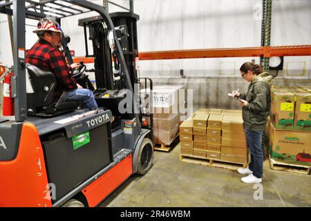 Scott Molle, materials handler with the Fort McCoy Logistics Readiness Center Food Program Management Office/ Fort McCoy Supply Subsistence Management Office (SSMO), uses a forklift to move items in the building 490 warehouse while SSMO Manager Katie Olson inventories the times April 4, 2023, at Fort McCoy, Wis. Molle, Olson, and their teammates were part of an Army Food Management Assistance Team (FMAT) Inspection that was completed of the Food Program Management Office and Supply Subsistence Management Office. The FMAT inspection took place March 29-31 at Fort McCoy, said Fort McCoy Food Pro Stock Photo