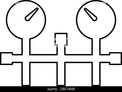 Pressure gauge and pipes manometer pressure meter or vacuum gauge contour outline line icon black color vector illustration image thin flat style Stock Vector