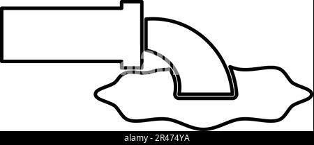 Wastewater fluid is leaking from pipe with water drainage industry to runoff sewer concept cleaning contour outline line icon black color vector Stock Vector