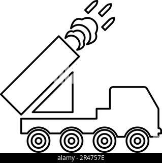 Multiple launch volley reactive rocket system fire shoots missiles contour outline line icon black color vector illustration image thin flat style Stock Vector