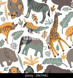 Seamless pattern illustration of cute wild safari African animals. Including giraffe, elephant, hyena, crocodile, hippo, rhinoceros zebrd cartoon Stock Vector