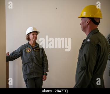 Captain Kimberly Toone, commanding officer Navy Medicine Operational Training Command (NMOTC) tours the renovation project of the ASTC site with CDR Heath Clifford, officer in charge ASTC JAX, Mar. 09, 2023. NSTI, a detachment of NMOTC, specializes in training the pilots, aircrew, and service members who support other specialized communities in survival skills and technique to survive aviation emergencies. Students and service members who complete training and courses will be equipped, with an understanding of stressors placed on the body, the rigors of egress and techniques for survival in si Stock Photo