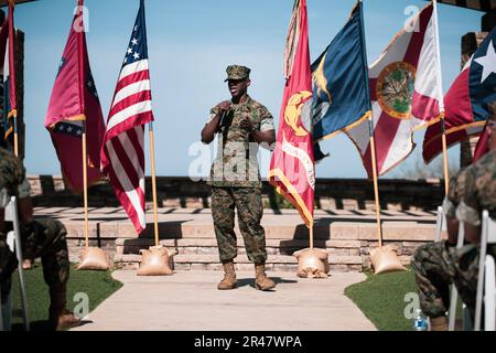 U.S. Marine Corps Sgt. Maj. Oranjel Leavy, the outgoing sergeant major of the 15th Marine Expeditionary Unit, delivers remarks during the 15th MEU relief and appointment ceremony at Marine Corps Base Camp Pendleton, California, April 6, 2023. During the ceremony, Leavy relinquished his post to Sgt. Maj. John Schlaud, after serving as the 15th MEU sergeant major since June 2021. Stock Photo