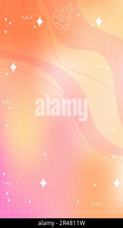 Trendy yellow orange pink blurry mesh gradient abstract storic template background with copy space and hand drawn Kawaii Y2K line and wave elements Stock Vector