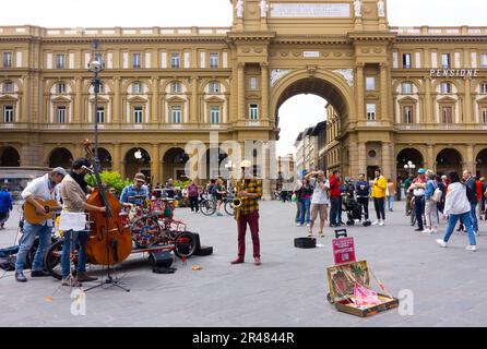 Piazza della Repubblica is the City Center of Florence. Erected i885-1895 to replace a squalid ghetto. Design was inspired by Renaissance architecture Stock Photo