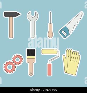 Stickers with building and repair tools set, doodle style vector illustration Stock Vector
