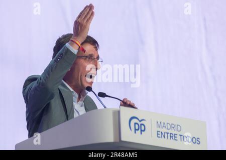 Madrid, Spain. 26th May, 2023. Mayor of Madrid and candidate for reelection Jose Luis Martinez-Almeida speaking during the closing rally of Popular Party (PP) electoral campaign, ahead of the regional elections that will take place next Sunday on May 28. Credit: Marcos del Mazo/Alamy Live News Stock Photo