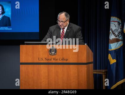 NEWPORT, RI – Naval War College and Salve Regina University conduct a scholarly discussion on the National Security Implications of Climate Change April 5, 2023, part of a new initiative entitled “The Forum at Newport”. This is the first 'Forum' event in a new series designed to increase cooperation and scholarship between the two higher education institutions located on Aquidneck Island. Distinguished participants in the event included Senator Sheldon Whitehouse, Secretary of the Navy the Honorable Carlos Del Toro and retired British Army Lt. Gen. Richard Nugee. Stock Photo