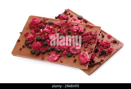 Chocolate bars with freeze dried berries on white background Stock ...