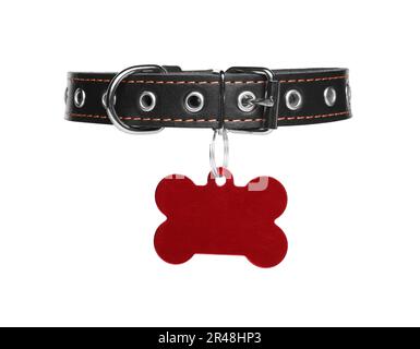 Black leather dog collar with bone shaped tag isolated on white Stock Photo
