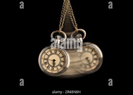 Hypnosis session. Vintage pocket watch with chain swinging on black background, motion effect Stock Photo