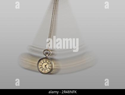 Hypnosis session. Vintage pocket watch with chain swinging on light background, motion effect Stock Photo