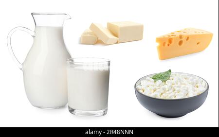 Healthy diet. Collage with different dairy products on white background Stock Photo