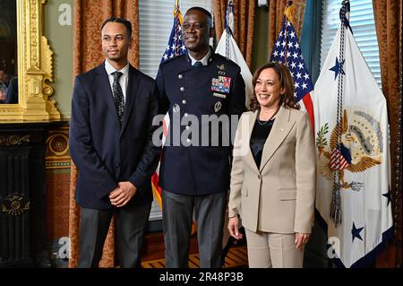 Space Force Brig. Gen. Jacob Middleton poses with Vice President Kamala Harris during his promotion at the Eisenhower Executive Office Building, Washington, D.C., April 4, 2023. Middleton is the director of national security space policy for the National Space Council. Stock Photo