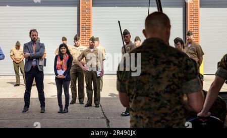 Mr. Patrick Nevins, left, and Ms. Sapna Sharma, right, both staff members of the House Armed Services Committee, watch a simulated artillery demonstration during a house armed services committee staff member visit aboard Marine Corps Base Camp Lejeune, North Carolina, March 31, 2023. Mr. Patrick Nevins and Ms. Sapna Sharma, professional staff members of the House Armed Services Committee, visited II MEF and major subordinate commands to discuss amphibious readiness and shipping, force posture and other topics related to the Commandant Force Design 2030. Stock Photo