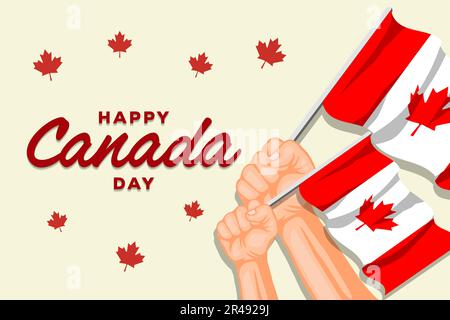 happy canada day background illustration with hands holding Canadian flag Stock Vector