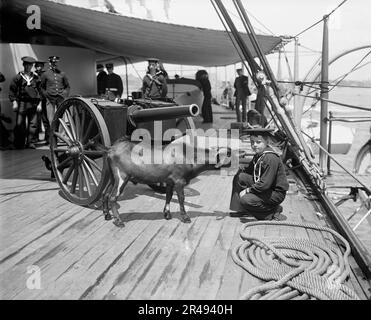 U.S.S. New York, Admiral Sampson's son and &quot;Pitch&quot; the mascot, (1899?). Stock Photo