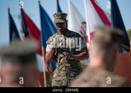 U.S. Marine Corps Sgt. Maj. Oranjel Leavy, the outgoing sergeant major of the 15th Marine Expeditionary Unit, delivers remarks during the 15th MEU relief and appointment ceremony at Marine Corps Base Camp Pendleton, California, April 6, 2023. During the ceremony, Leavy relinquished his post to Sgt. Maj. John Schlaud, after serving as the 15th MEU sergeant major since June 2021. Stock Photo