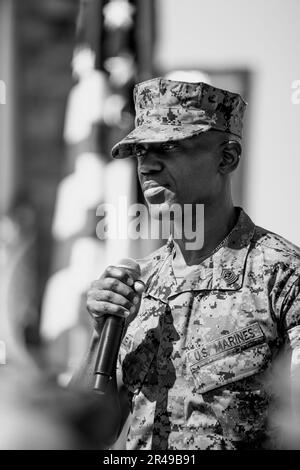 U.S. Marine Corps Sgt. Maj. Oranjel Leavy, the outgoing sergeant major of the 15th Marine Expeditionary Unit, delivers remarks during the 15th MEU relief and appointment ceremony at Marine Corps Base Camp Pendleton, California, April 6, 2023. During the ceremony, Sgt. Maj. Oranjel Leavy relinquished his post to Sgt. Maj. John Schlaud, after serving as the 15th MEU sergeant major since June 2021. Stock Photo