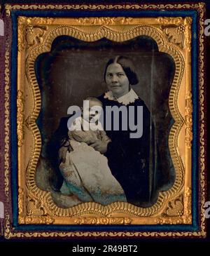 Lucy Stone [1818-1893], with Alice Stone Blackwell [1857-1950], half-length portrait of a woman, seated, facing slightly right, holding baby, 1857 or 1858.American activists: Lucy Stone was an orator, abolitionist and suffragist, a vocal advocate of rights for women. She was the first woman from Massachusetts to earn a college degree, and spoke out against slavery. Stone was known for using her birth name after marriage. Her daughter Alice was also a campaigner for women's rights, an abolitionist, a socialist and a suffragist. Stock Photo