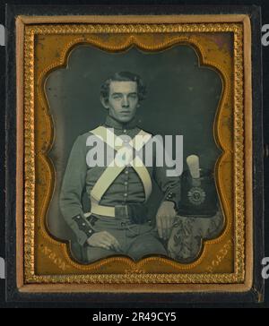 Unidentified soldier of 7th New York Infantry Regiment in uniform graphic /, between 1861 and 1863. Stock Photo