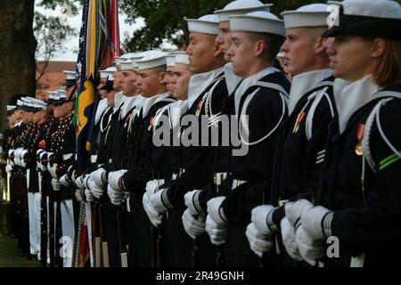 US Navy Sailors and Marines assigned to the U.S. Navy's Ceremonial Guard stand at attention during a full honors ceremony in honor of Adm. Marcello De Donno, Stock Photo