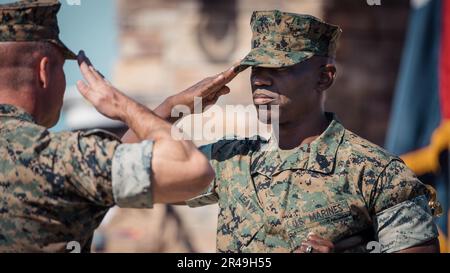 U.S. Marine Corps Sgt. Maj. Oranjel Leavy, right, the outgoing sergeant major of the 15th Marine Expeditionary Unit, salutes Col. Sean Dynan, the commanding officer of the 15th MEU, during a relief and appointment ceremony at Marine Corps Base Camp Pendleton, California, April 6, 2023. During the ceremony, Leavy relinquished his post to Sgt. Maj. John Schlaud, after serving as the 15th MEU sergeant major since June 2021. Stock Photo