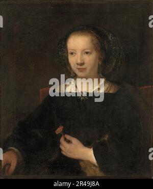 Young Woman with a Carnation, 1656. Attributed to Willem Drost (1633-1659),workshop of Rembrandt van Rijn (1606-1669) and earlier ascribed to Rembrandt van Rijn (1606-1669). Stock Photo