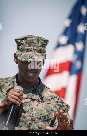 U.S. Marine Corps Sgt. Maj. Oranjel Leavy, the outgoing sergeant major of the 15th Marine Expeditionary Unit, delivers remarks during the 15th MEU relief and appointment ceremony at Marine Corps Base Camp Pendleton, California, April 6, 2023. During the ceremony, Sgt. Maj. Oranjel Leavy relinquished his post to Sgt. Maj. John Schlaud, after serving as the 15th MEU sergeant major since June 2021. Stock Photo