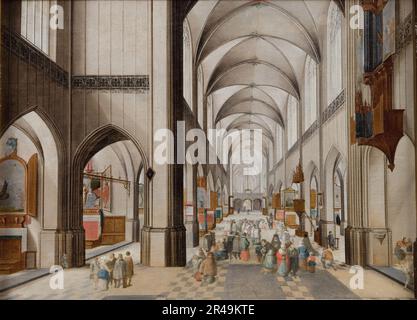 Interior of a Three-Aisled Gothic Church during a Sermon, 1628-1631. Stock Photo
