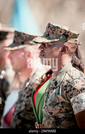 U.S. Marine Corps Sgt. Maj. Oranjel Leavy, the outgoing sergeant major of the 15th Marine Expeditionary Unit, stands at attention for the Marines’ Hymn during the 15th MEU relief and appointment ceremony at Marine Corps Base Camp Pendleton, California, April 6, 2023. During the ceremony, Leavy transferred responsibility, authority, and accountability as sergeant major of the 15th MEU to Sgt. Maj. John Schlaud. Stock Photo