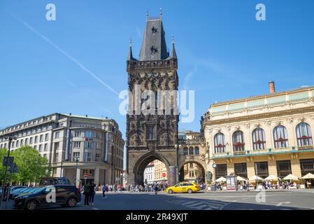 PRAGUE, CZECH REPUBLIC - APRIL 21, 2018: View of the ancient Powder Tower on a sunny April day Stock Photo