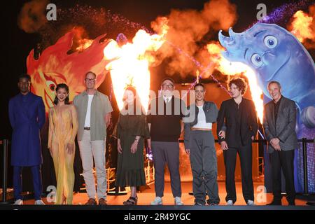 Cannes, France. 26th May, 2023. Jim Morris (President of Pixar), Mamoudu Athie (Wade), Leah Lewis (Ember), Pete Docter, Denis Ream (Producer), Peter Sohn (Director), Adele Exarchopoulos (french voice talent Ember), Vincent Lacoste (french voice talent Wade) attend the photocall of Pixar movie “Elemental” held at Carlton Hotel pier during the 76th Cannes Film Festival in Cannes, France, May 26, 2023. Photo by Marco Piovanotto/ABACAPRESS.COM Credit: Abaca Press/Alamy Live News Stock Photo