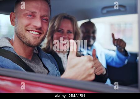 Group Of Happy Friends Having Fun In The Car Stock Photo