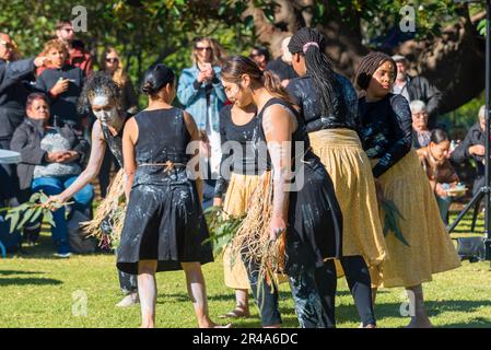 Sydney Australia 27 May, 2023: As part of National Reconciliation Week, a Sorry Day gathering was held today on the Tarpeian Precinct in the Botanical Gardens near the Sydney Opera House. People gathered to remember the stolen generations (of Aboriginal peoples) and create healing for survivors. Sponsored by the Coota Girls Aboriginal Corporation, the event included music crafts and bush foods. The Buuja Buuja Butterfly Dance Group performed at the opening of the gathering. Credit: Stephen Dwyer / Alamy Live News Stock Photo