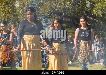 Sydney Australia 27 May, 2023: As part of National Reconciliation Week, a Sorry Day gathering was held today on the Tarpeian Precinct in the Botanical Gardens near the Sydney Opera House. People gathered to remember the stolen generations (of Aboriginal peoples) and create healing for survivors. Sponsored by the Coota Girls Aboriginal Corporation, the event included music crafts and bush foods. The Buuja Buuja Butterfly Dance Group performed at the opening of the gathering. Credit: Stephen Dwyer / Alamy Live News Stock Photo