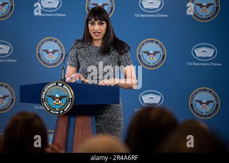 Deputy Pentagon Press Secretary Sabrina Singh speaks at a news