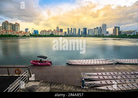 Dragon Boats park besides Water Sports Centre at Singapore Sports Hub. It is a sports and recreation district in Kallang, Singapore. Stock Photo