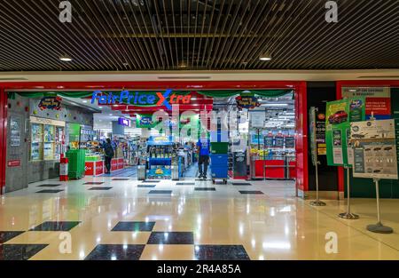 NTUC FairPrice Xtra at Kallang Wave Mall. It is a shopping mall which is part of the Singapore Sports Hub located at Kallang, Singapore. Stock Photo