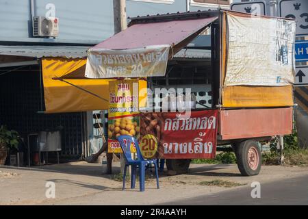 THAILAND, JAN 21 2023, Offer of Fried banana and Deep Fried Sweet Potato Balls at road Stock Photo